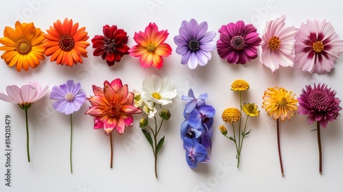 The image shows a variety of colorful flowers arranged in a row against a white background.bouquet of flowers