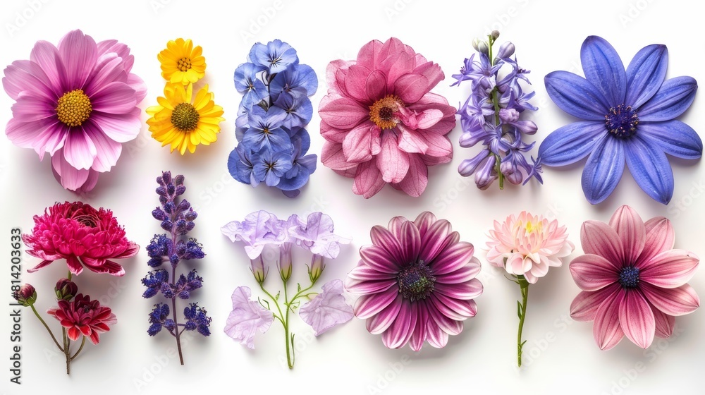 The image shows a variety of colorful flowers arranged on a white background.set of flowers The image shows a variety of colorful flowers arranged on a white background.set of flowers