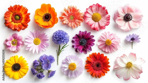 The image shows a variety of colorful flowers arranged on a white background.flowers on white background