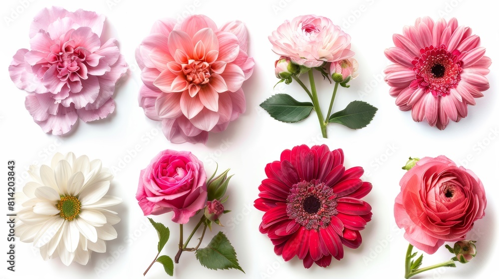 The image shows eight different flowers, including pink roses, white daisies, and red gerbera daisies. The image shows eight different flowers, including pink roses, white daisies, and red gerbera daisies.
