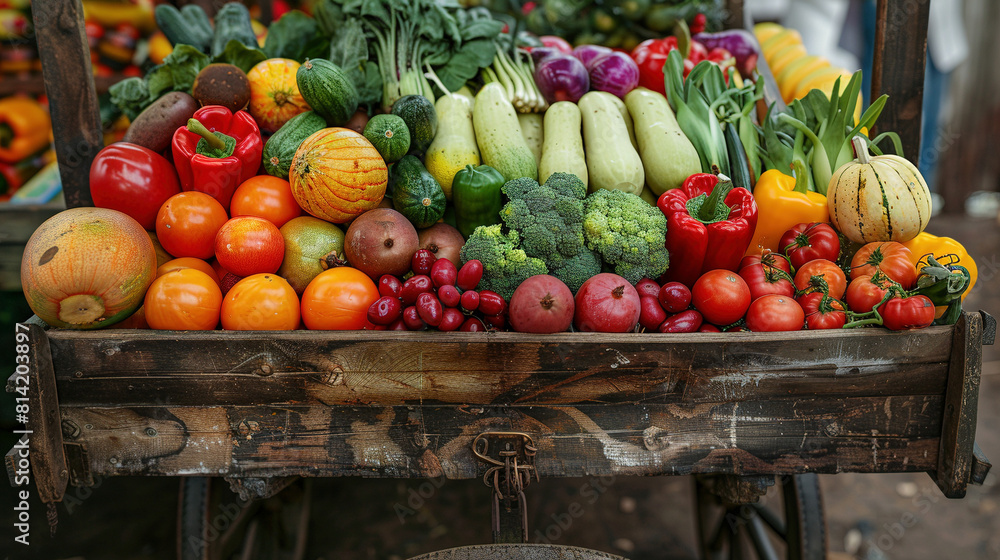 Abundant Harvest: A Rustic Handcart Overflowing with Fresh Organic Produce Abundant Harvest: A Rustic Handcart Overflowing with Fresh Organic Produce