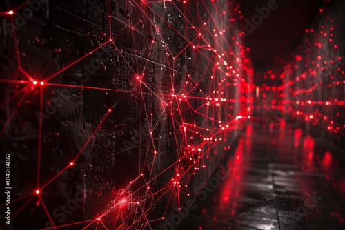 A dramatic visualization of a firewall as a laser grid, scanning and blocking malware from entering a network photo