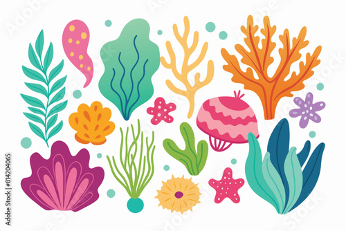 Vibrant marine life collection with colorful coral, seaweed, and various sea creatures