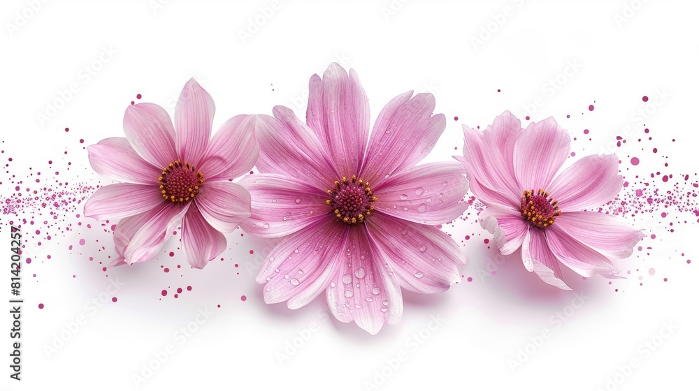 Three beautiful pink flowers with a white background. Three beautiful pink flowers with a white background.