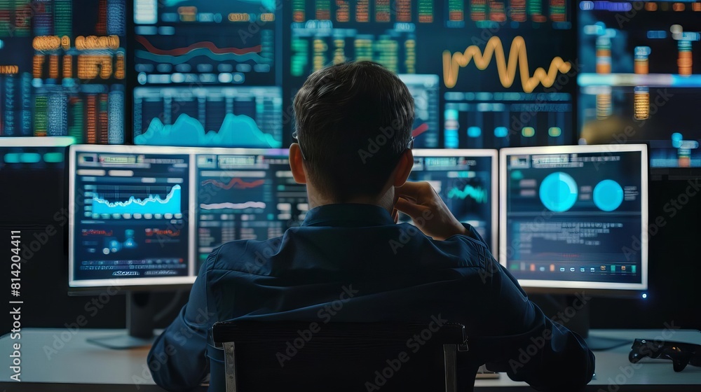 A financial analyst at work with dual monitors, each screen filled with AIenhanced market predictions and data visualizations