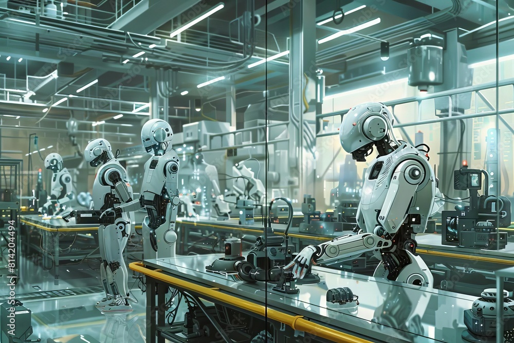 A futuristic factory floor where robots and humans work in perfect harmony, showcasing efficiency and technological integration