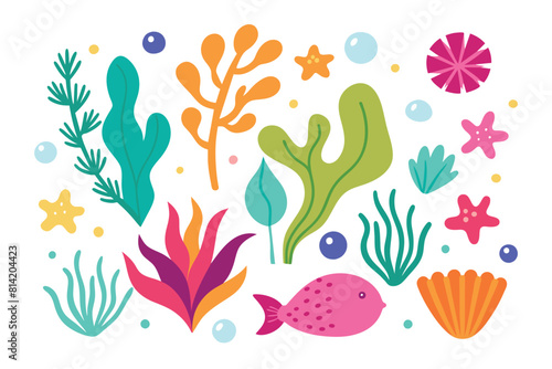 Cute cartoon underwater elements set with colorful marine plants, fish, starfish, and seashell vector illustration