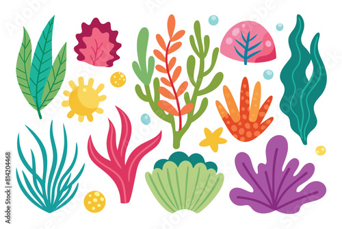 Colorful underwater plants and coral collection. Cartoon vector illustration of seaweed, algae, and marine flora isolated on white background.