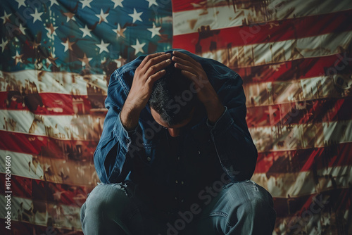 Despondent Young Man Sitting in Front of Dirty American Flag - United States Political Concept