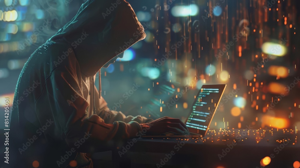A hacker wearing a hood, typing on a laptop with code cascading down the screen, being traced and monitored for malware by cybersecurity experts A hacker wearing a hood, typing on a laptop with code cascading down the screen, being traced and monitored for malware by cybersecurity experts