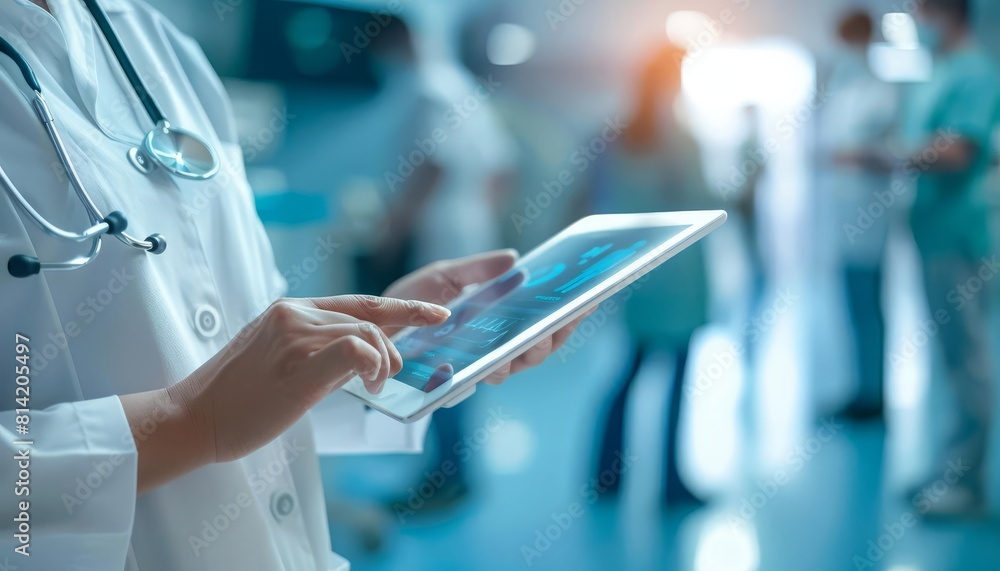 A medical staff member verifying a patients identity using a digital tablet before a procedure A medical staff member verifying a patients identity using a digital tablet before a procedure