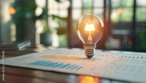 A minimalist photograph of a single light bulb illuminating financial documents and graphs, focusing on clarity and insight in funding strategies