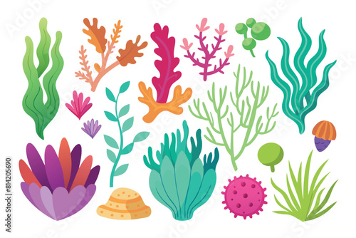 Colorful cartoon underwater plants, coral, and seaweed vector set for marine life design