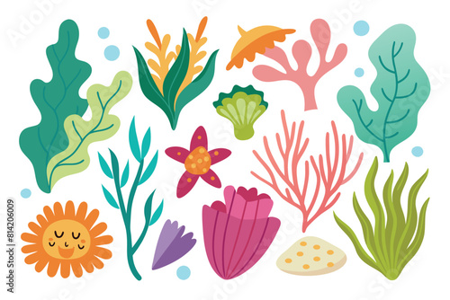 Cute Flat Design Ocean Plants and Coral Collection. Vector illustration of colorful seaweed, marine algae, and aquatic life elements.