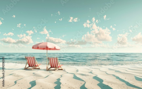 This tranquil beach scene featuring red and white striped umbrella invokes feelings of a summer escape  perfect for vacation or a party backdrop