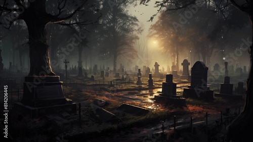 A hauntingly serene graveyard scene at dusk, exuding an atmosphere of tranquility and mystery photo
