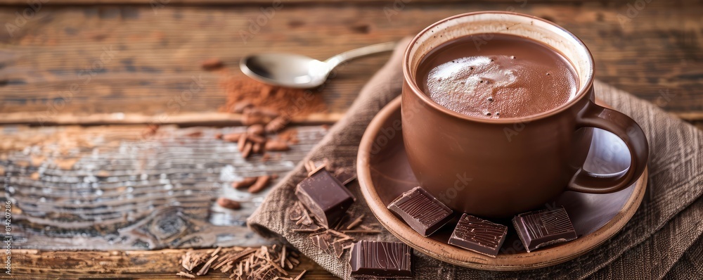 View of a steaming cup of hot chocolate on a wooden table, inviting and comforting. View of a steaming cup of hot chocolate on a wooden table, inviting and comforting.