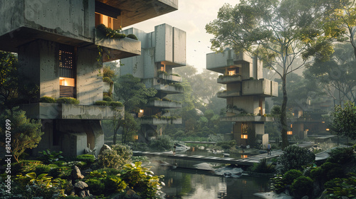 A Brutalist concrete apartment complex with geometric balconies overlooking a lush public garden. photo