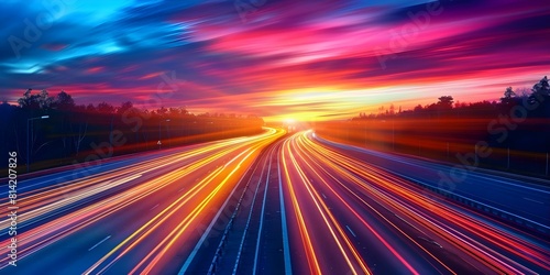 Sunset on a bustling city expressway: fast-moving traffic creating motion blur. Concept Cityscape, Motion Blur, Expressway, Traffic, Sunset