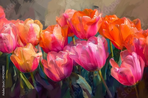 vibrant spring symphony lush pink and orange tulips in full bloom digital painting #814208051