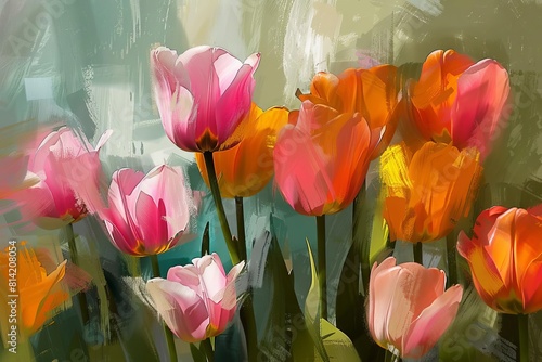 vibrant spring symphony lush pink and orange tulips in full bloom digital painting #814208054