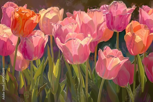 vibrant spring symphony lush pink and orange tulips in full bloom digital painting #814208099