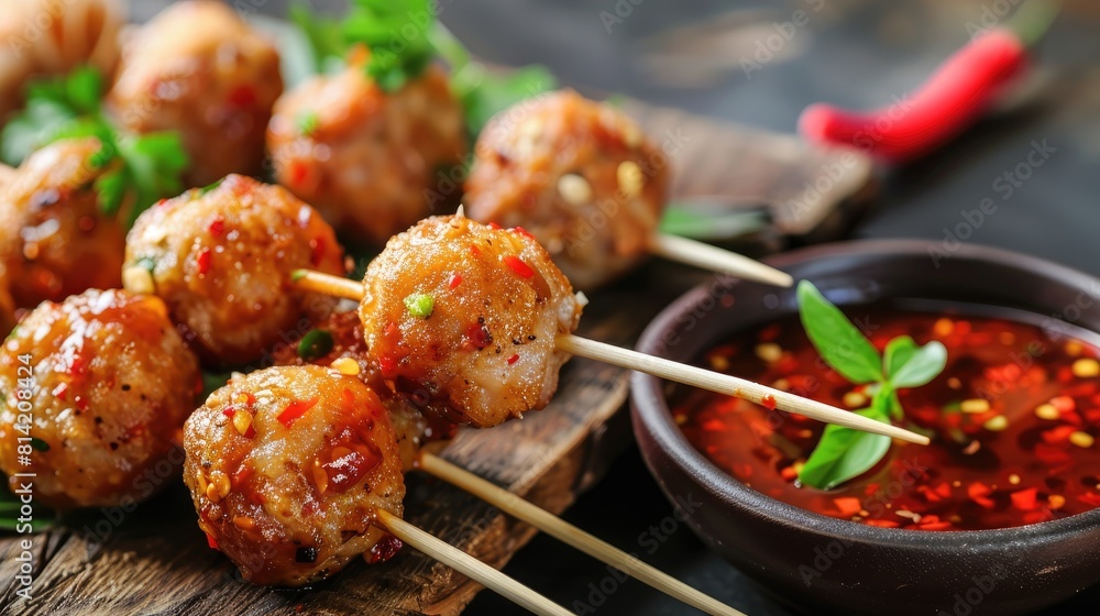 Fried Pork Balls in Skewers with Fry Chili Spicy Sauce