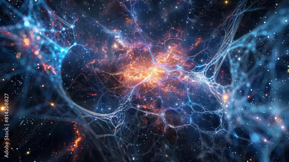 A visionary portrayal of neural networks as a cosmic web, connecting stars and galaxies in a deep space setting A visionary portrayal of neural networks as a cosmic web, connecting stars and galaxies in a deep space setting