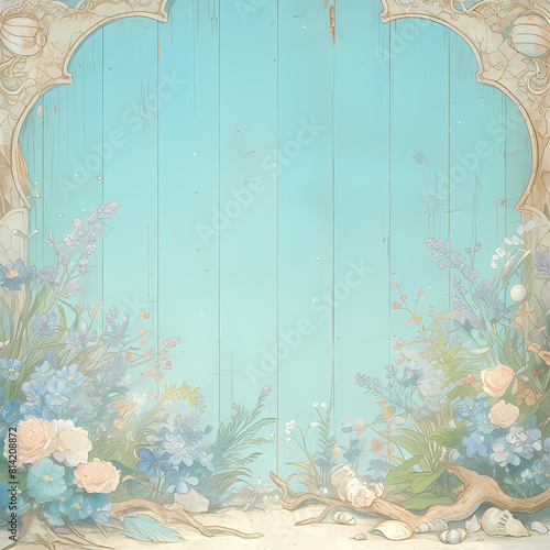 Vibrant Seascape Stock Image - Floral Frames, Turquoise Sky & Seaweed Details photo