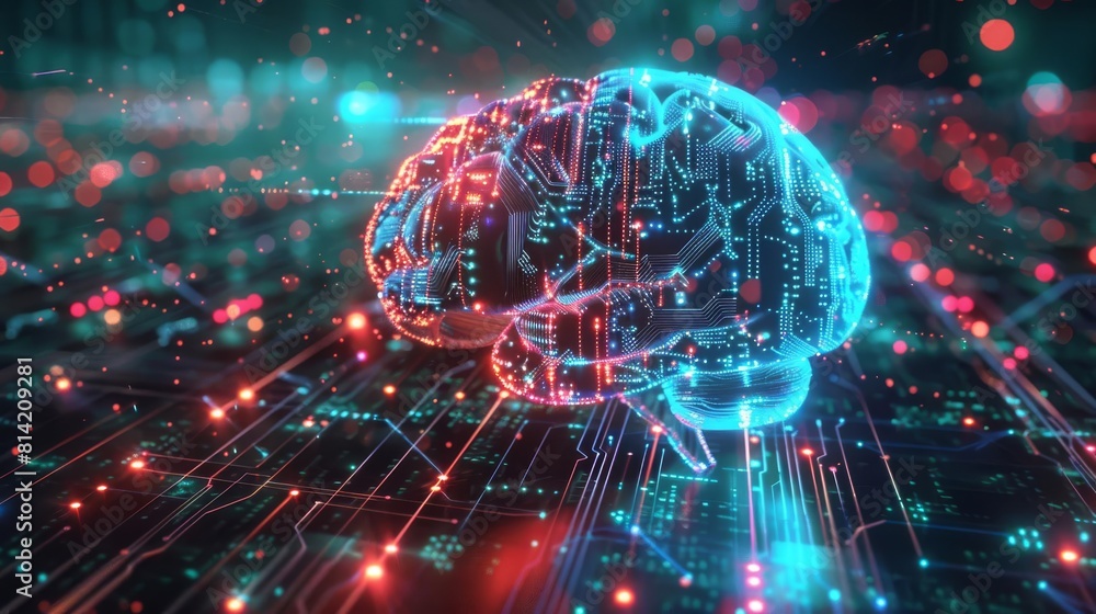 A visualization of an AI brain composed of electronic circuits and lights, symbolizing neural activity and machine learning A visualization of an AI brain composed of electronic circuits and lights, symbolizing neural activity and machine learning