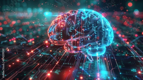 A visualization of an AI brain composed of electronic circuits and lights, symbolizing neural activity and machine learning