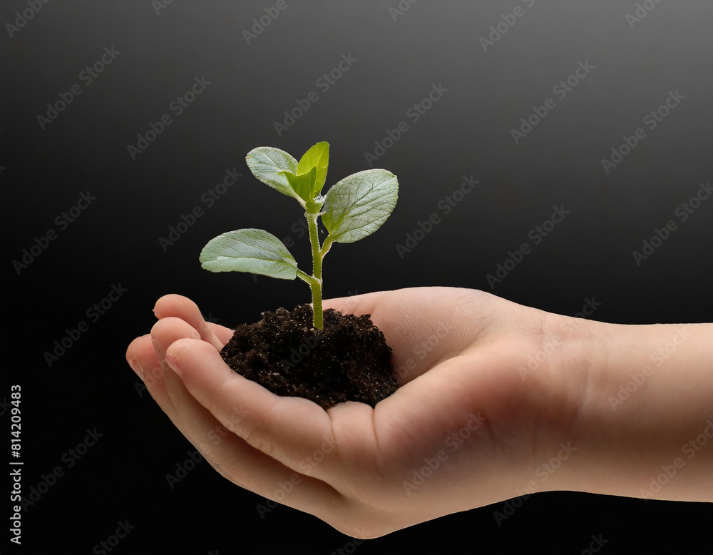 Small plant on children's little hand, ecology, black background, product photography Small plant on children's little hand, ecology, black background, product photography