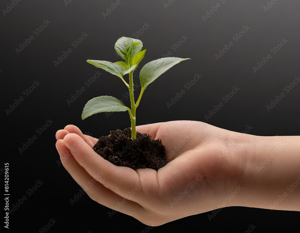 Small plant on children's little hand, ecology, black background, product photography Small plant on children's little hand, ecology, black background, product photography