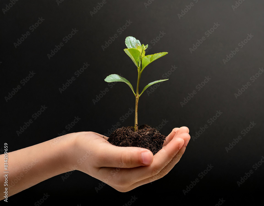 Small plant on children's little hand, ecology, black background, product photography Small plant on children's little hand, ecology, black background, product photography
