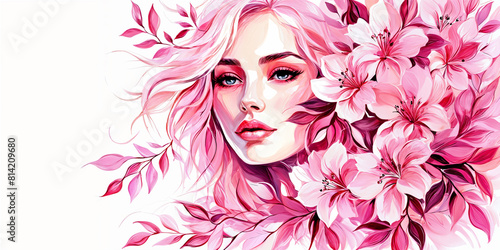 A woman with pink hair and makeup  surrounded by pink flowers. The background is plain white  which contrasts with the vibrant colors of the subject.