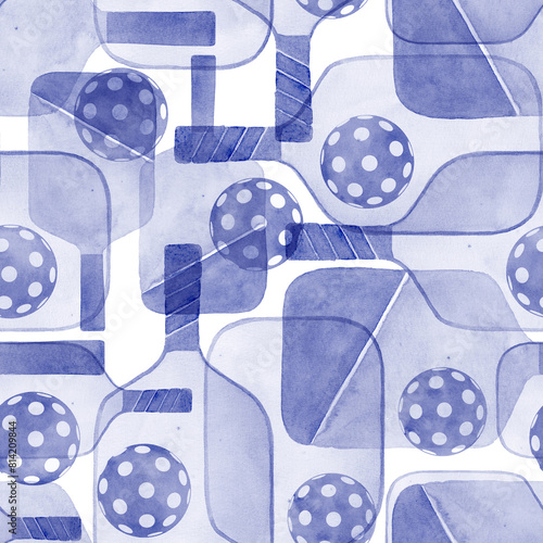 Seamless pattern of balls and rackets, modern game Pickleball