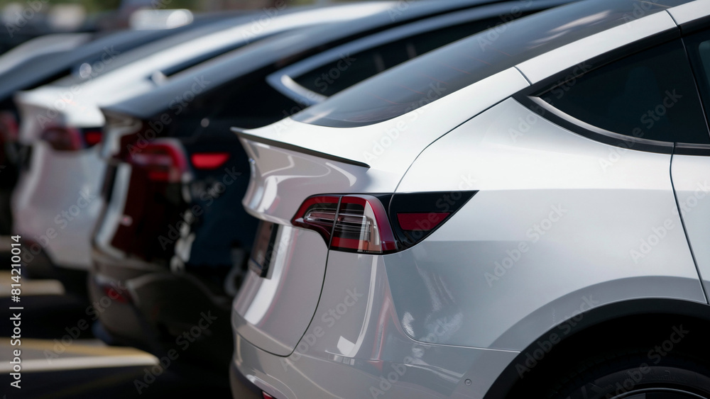 New electric car inventory parked at dealership lot outdoors, Modern eco vehicles with focus on rear tail lights New electric car inventory parked at dealership lot outdoors, Modern eco vehicles with focus on rear tail lights