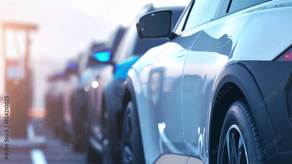 Electric vehicles charging during daytime, Modern eco cars at recharging station side view, New vehicle inventory concept Electric vehicles charging during daytime, Modern eco cars at recharging station side view, New vehicle inventory concept