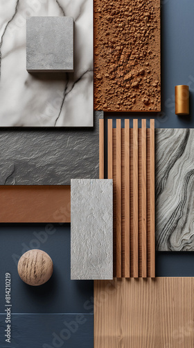 Various stone and wood pieces arranged on a serene blue background, creating a harmonious and tranquil composition