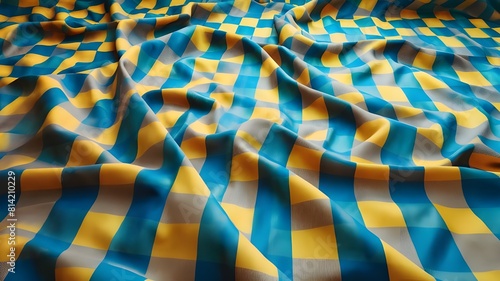 A super realistic and smooth background depicting a large checkered pattern in vibrant BLUE and yellow hues. The fabric appears tobe old and worn, yet remains wrinkle and fold-free. The intricate pa