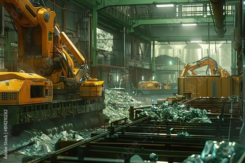 An AImanaged waste recycling plant in the city, where robots sort materials accurately and efficiently photo