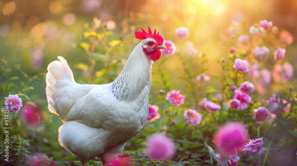 Fototapeta premium Free range white leghorn chickens in the summer garden