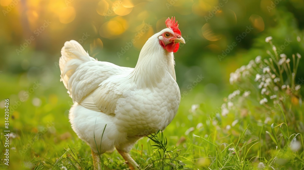 Fototapeta premium Free range white leghorn chickens in the summer garden