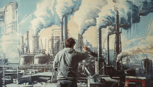 An artist painting a mural of a perfect factory layout  blending art with industrial optimization