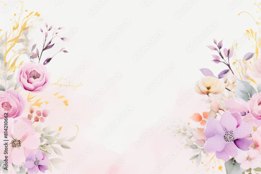 Pink flowers and green leaves arranged on a white background. Greeting card Pink flowers and green leaves arranged on a white background. Greeting card