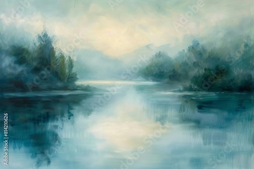 ethereal morning mist floating over tranquil river atmospheric landscape painting © furyon