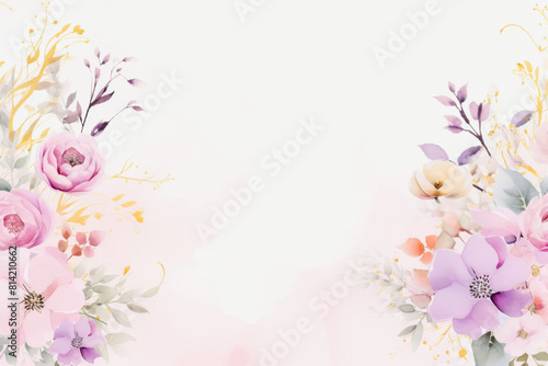 Pink flowers and green leaves arranged on a white background. Greeting card