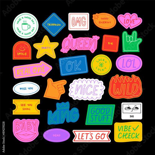 Set of fun colorful sticker illustration. Retro 90s style hand drawn doodle quote label collection, funny chat text icon with modern slang and positive words. Isolated flat cartoon clip art bundle.