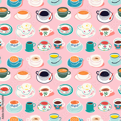 Hand drawn vintage coffee mug seamless pattern. Breakfast tea cup background illustration with retro floral print, fine china hot drink wallpaper texture.