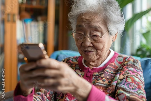 An elderly woman using voice recognition software on her phone to verify her identity for an online transaction photo